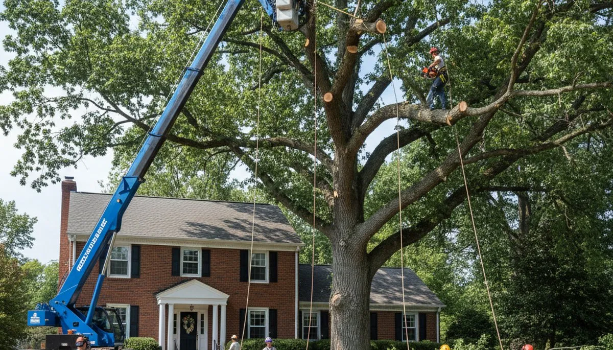 Arborists performing large tree removal with bucket truck in New Cumberland near Harrisburg, PA homes