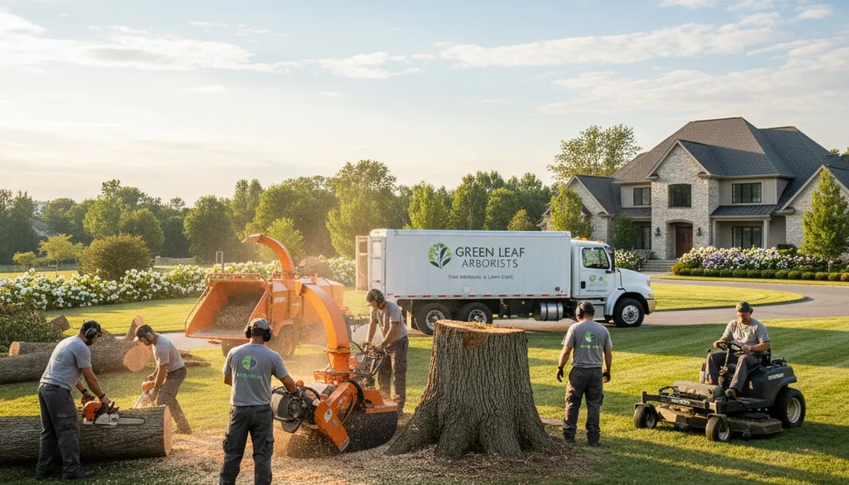 Professional lawn care and tree removal crew working in Harrisburg, PA yard