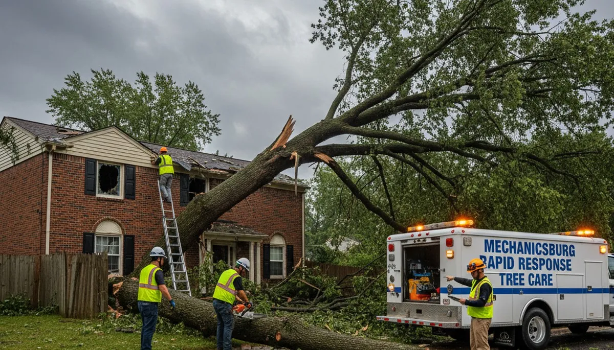 Emergency tree removal crew clearing storm damage in Mechanicsburg, PA after severe weather